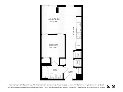 1 bed 1 bath 537 sq ft